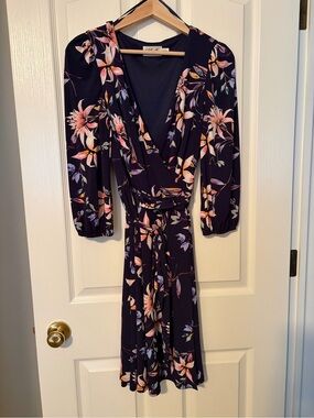 Eliza J Navy Floral Wrap Dress with Pink Blooms